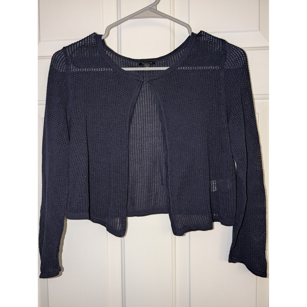Talbots Navy Open Front Shrug Cardigan Open Knit Cropped M Preppy Coastal Layer